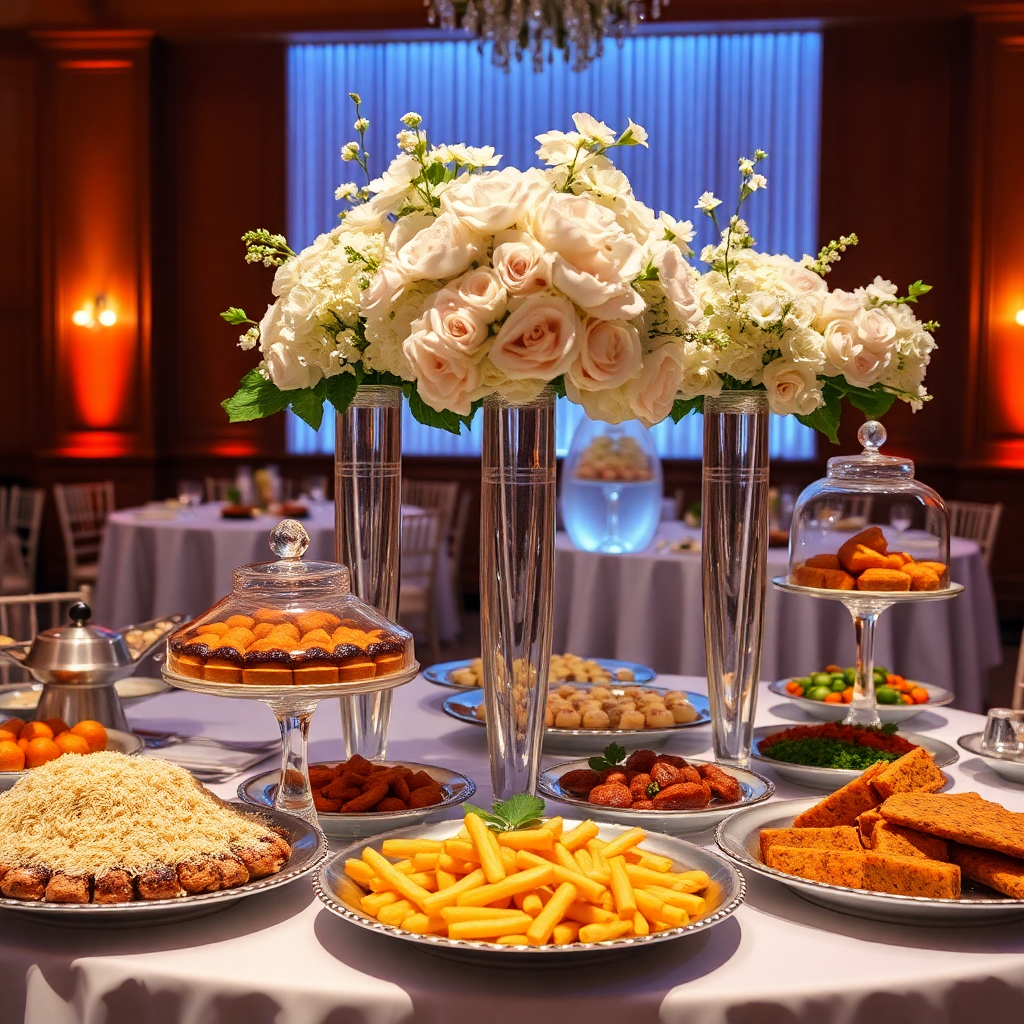 elegant wedding reception food display with floral decorations, professional catering photography