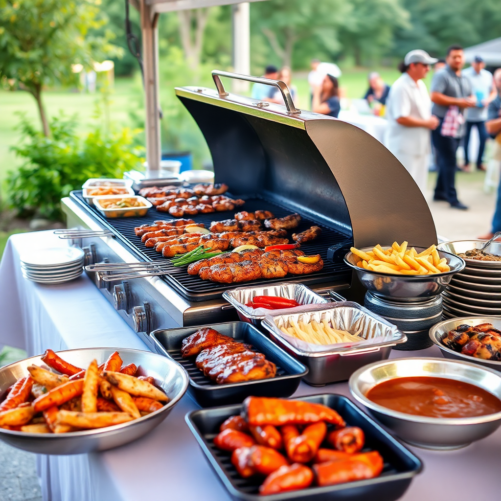 BBQ catering with grill station and various meats and sides, outdoor event, professional event photography