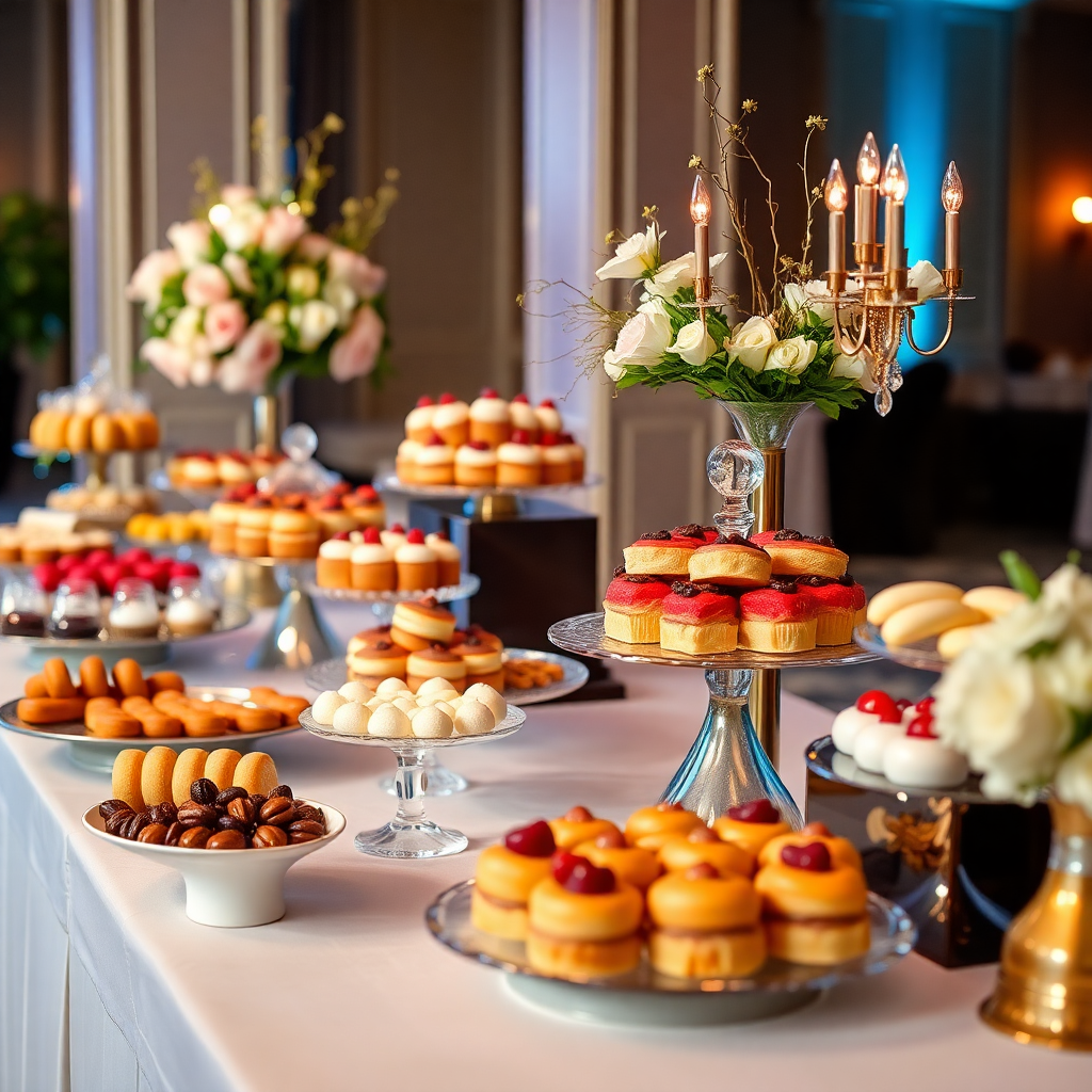 dessert and pastry buffet with elegant presentation and decorations, professional event photography
