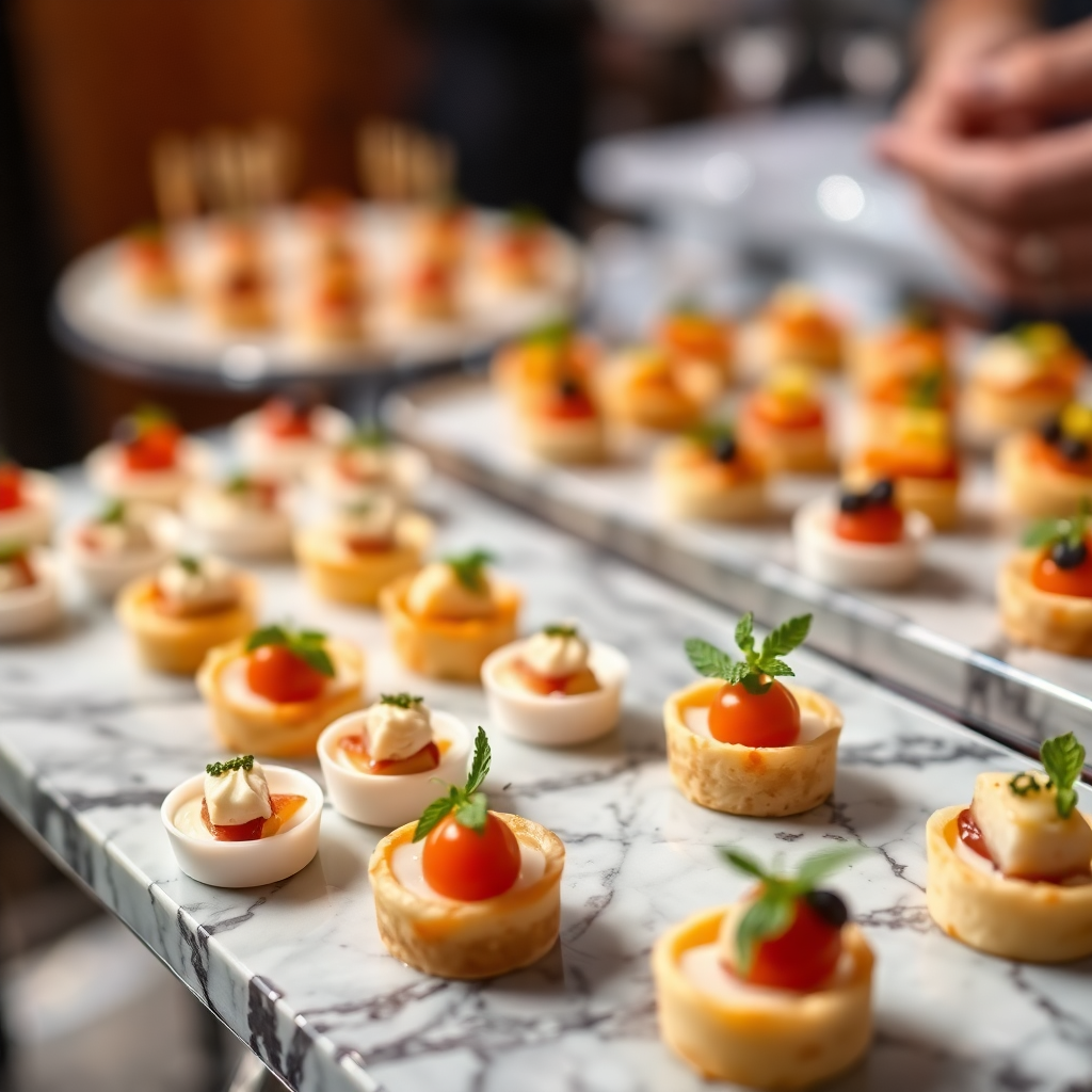 elegant finger food and canapés on serving trays with garnishes, professional food photography