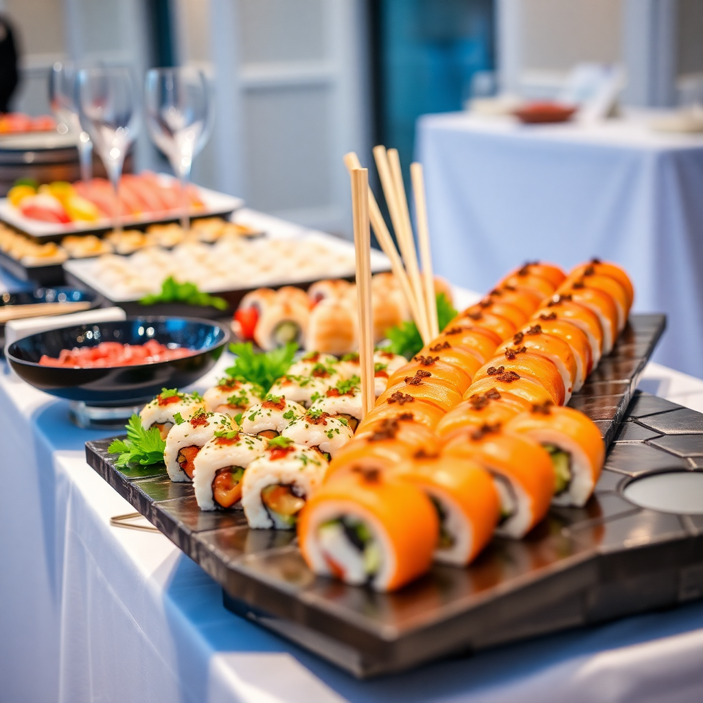 sushi and Asian cuisine catering display with elegant presentation, professional event photography