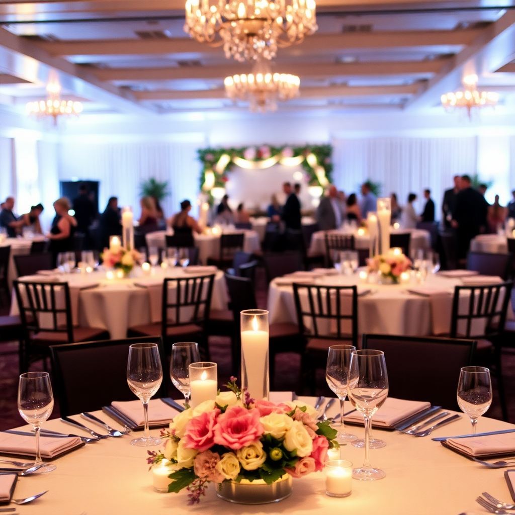 wedding reception catering with elegant table settings and floral centerpieces, professional event photography